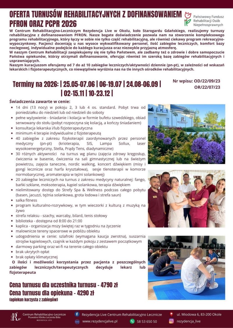 OFERTA TURNUSÓW REHABILITACYJNYCH Z DOFINANSOWANIEM
